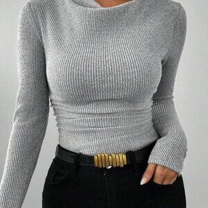 🩶 Shein Ribbed Long Sleeve Bodysuit Grey Size M Soft Stretch Basic